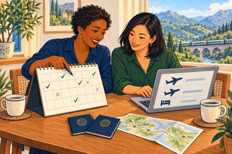 Two women comparing travel dates on a calendar and flight and hotel options on a laptop.
