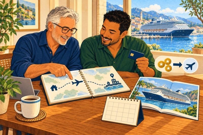 Two men planning flights to a cruise port, with a route map, rewards card, and airline points transfer symbol.