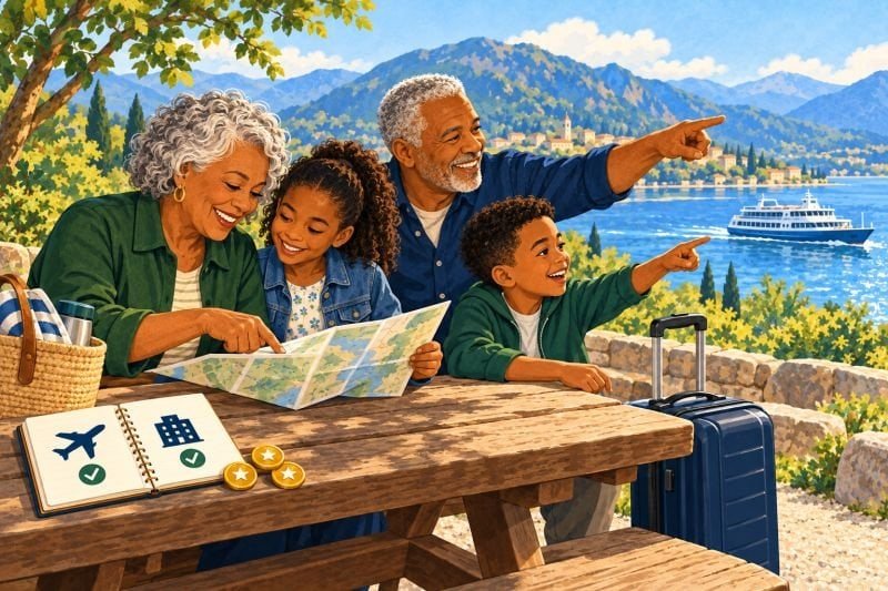 Grandparents and two grandchildren enjoying a lakeside trip, with a map, luggage, and ferry in the background.