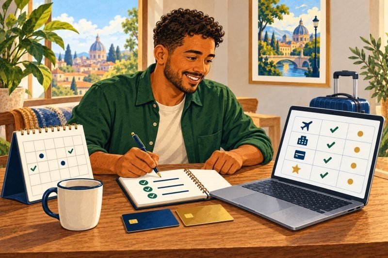 Man reviewing a rewards tracker on his laptop with a calendar, checklist, and credit cards nearby.