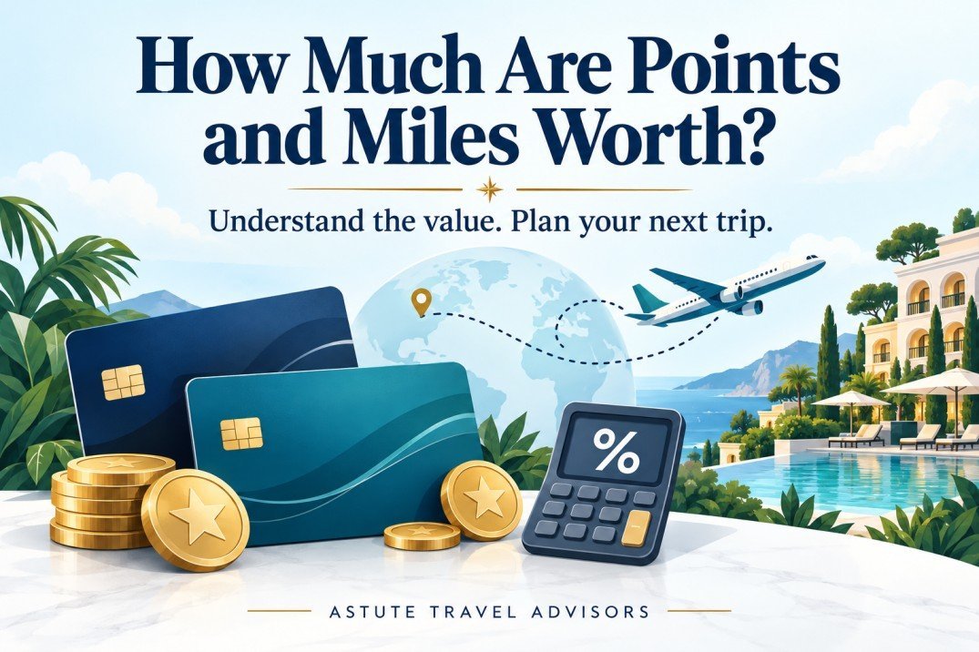 Rewards cards, points coins, a calculator, airplane, and hotel illustrating how much points and miles are worth.