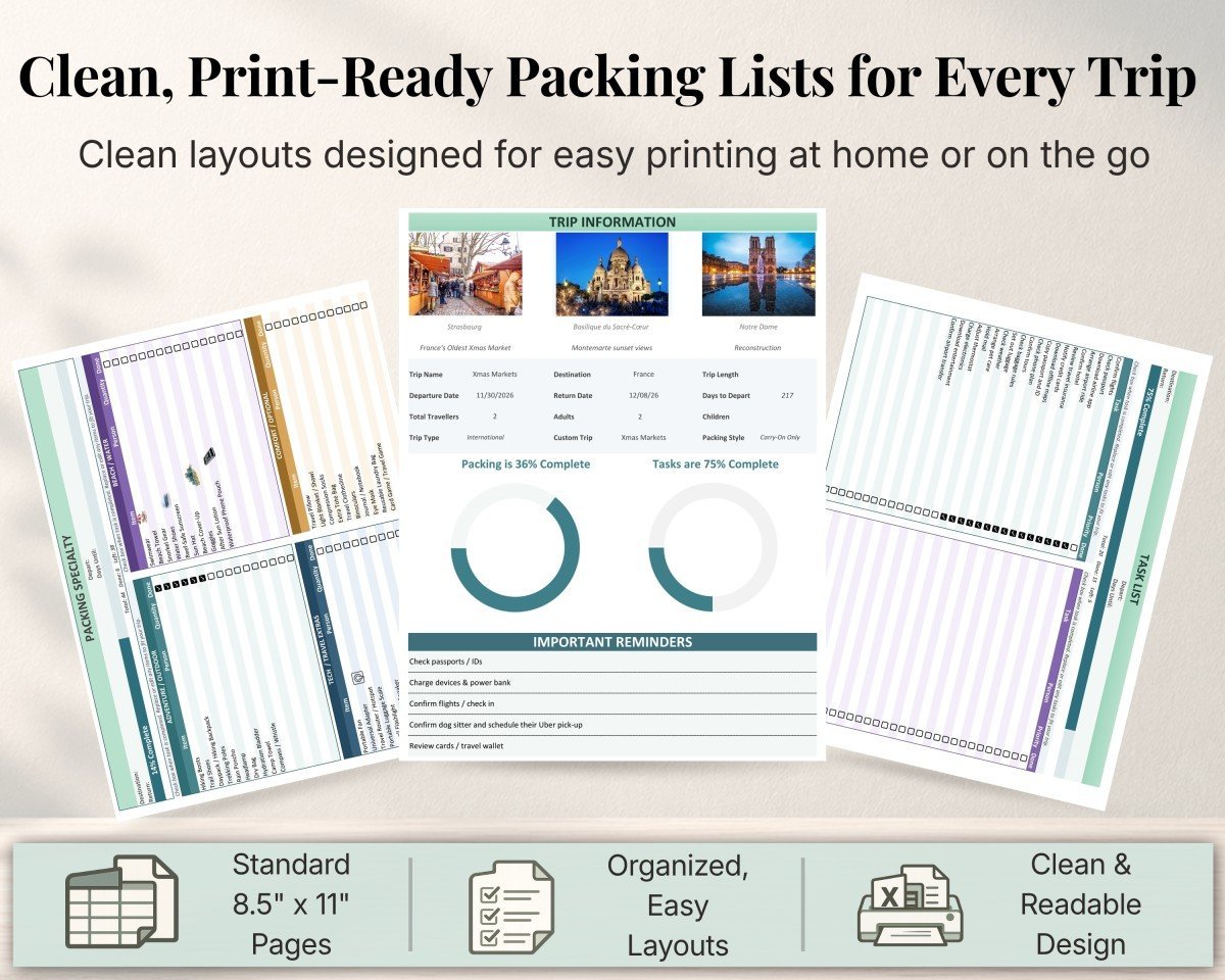Printable travel packing lists and task checklists beside a trip dashboard showing packing and preparation progress.