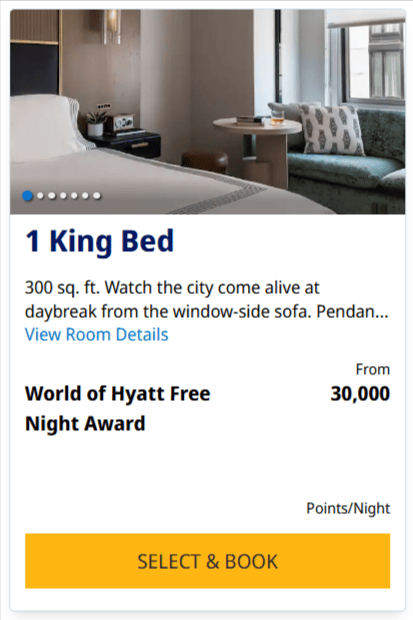 Hyatt booking screenshot showing a Thompson Central Park king room from 30,000 World of Hyatt points per night.