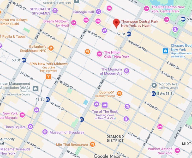 Map showing Thompson Central Park New York in Midtown near Carnegie Hall, the Museum of Modern Art, Rockefeller Center, and Times Square.