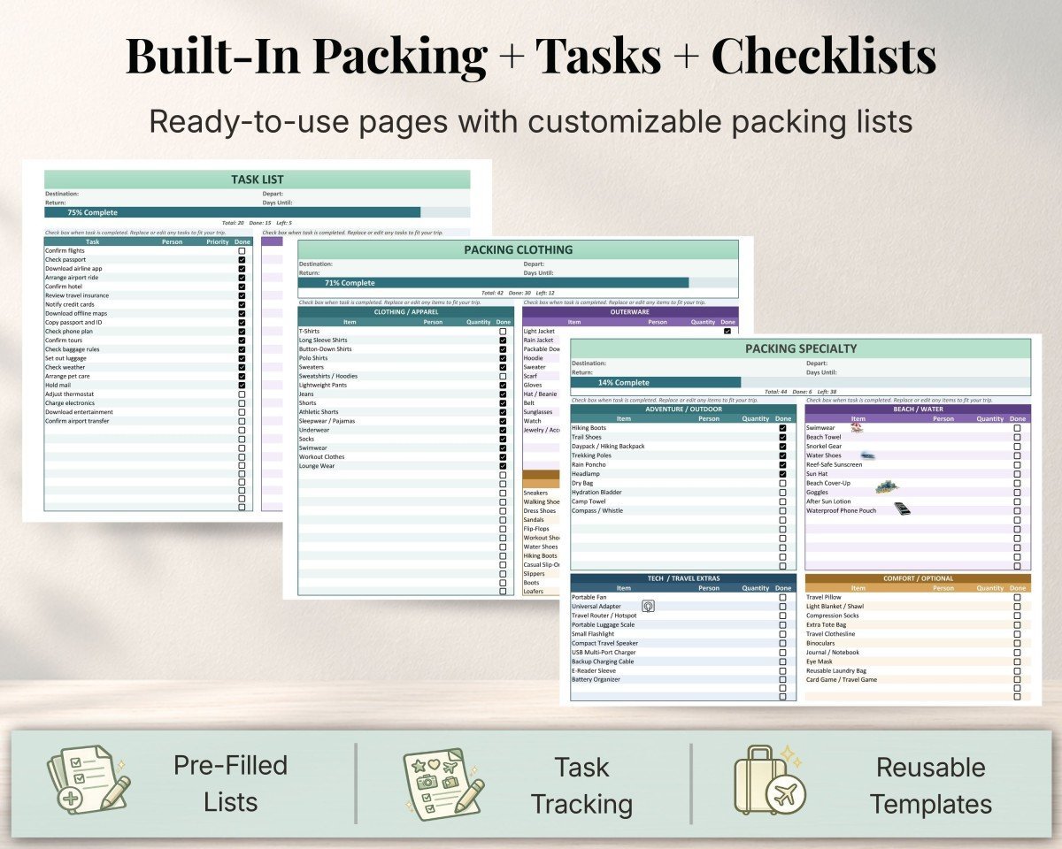 Travel packing spreadsheet previews showing a preparation task list, clothing checklist, and specialty packing categories with progress tracking.