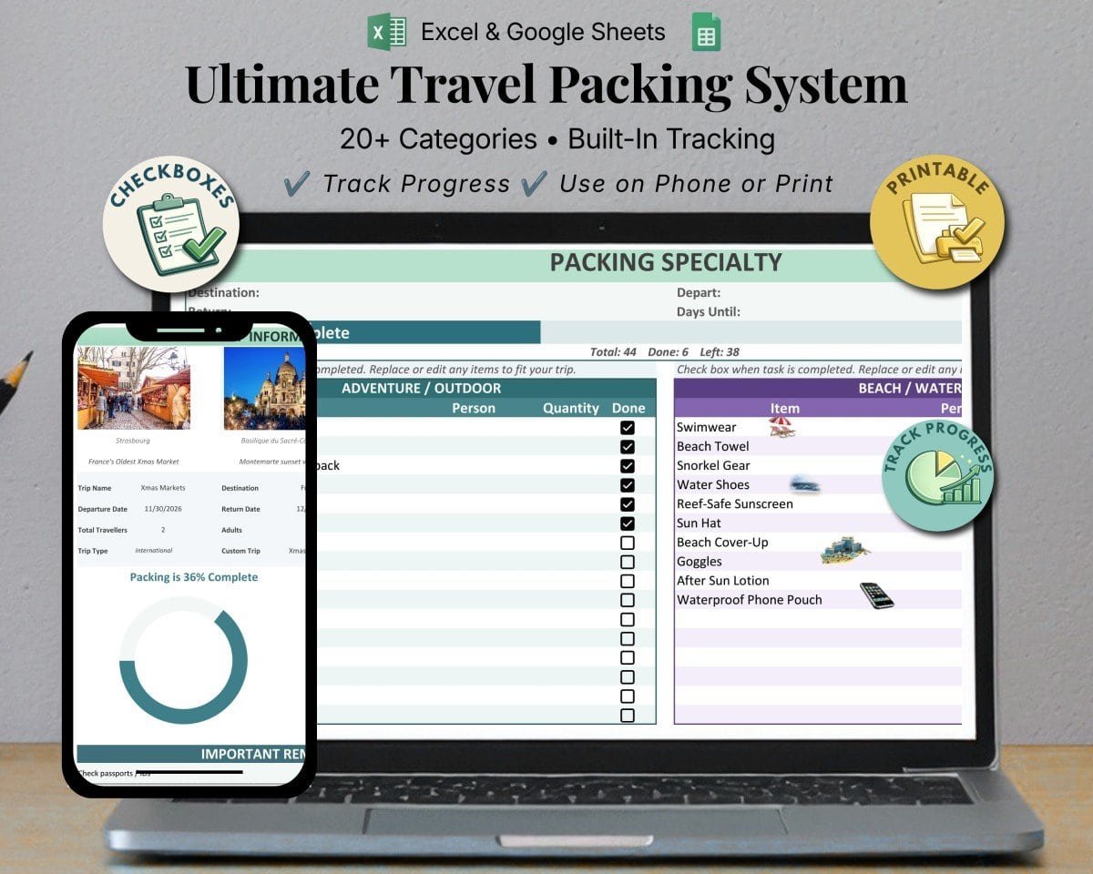 Ultimate Travel Packing System showing editable packing checklists on a laptop and a packing progress dashboard on a phone.